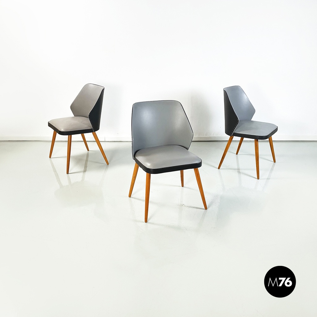 Sedie in pelle nera e grigia e legno, 1980 ca.