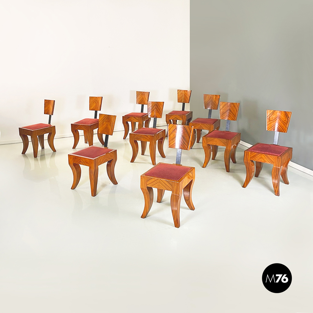 Sedie Art Deco in legno massello e tessuto rosso, 1920-1930 ca.