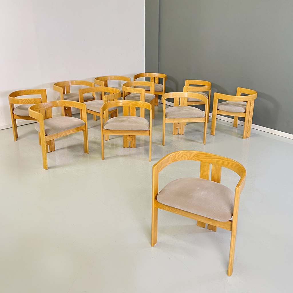 Sedie a pozzetto in legno e velluto a coste beige, 1980ca.