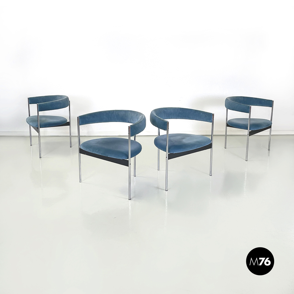 Sedie a pozzetto in velluto blu e metallo, 1980 ca.