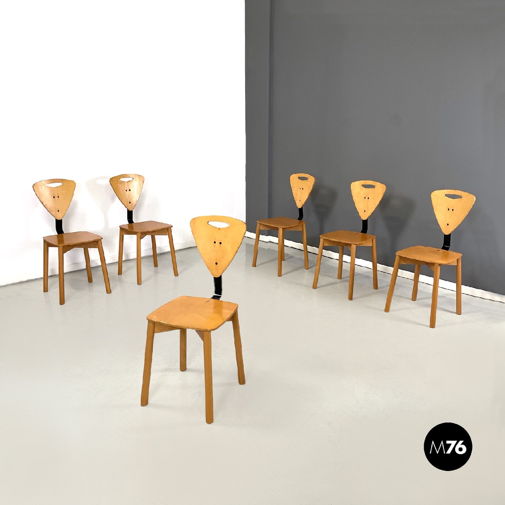 Sedie di legno con fascia in metallo nera, 1980 ca.