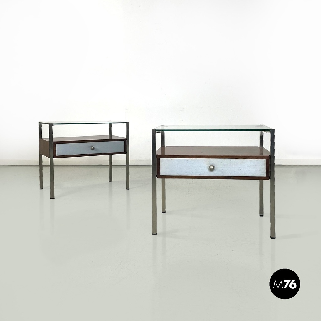Comodini in metallo con piano in vetro e legno, 1970 ca.