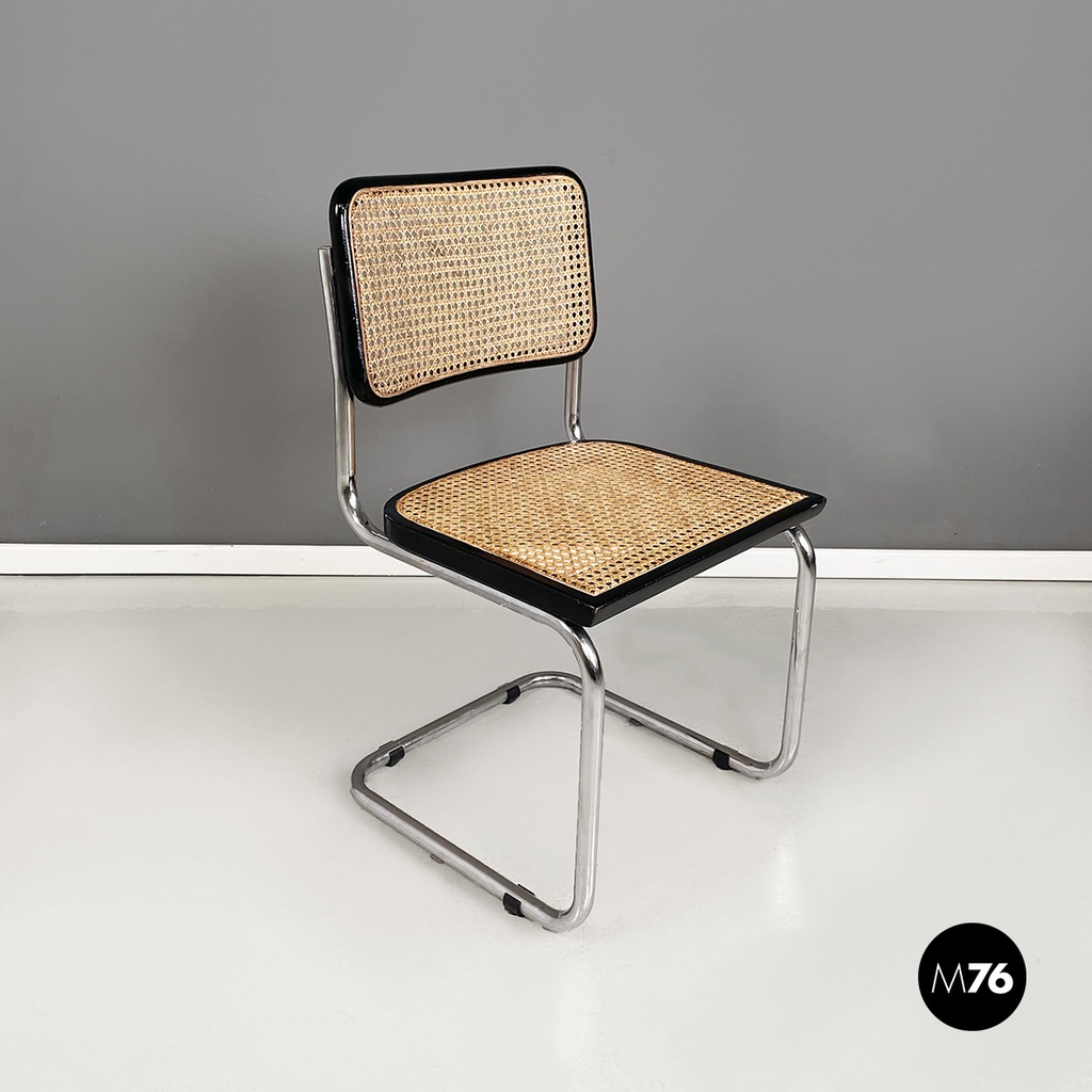 Sedia in paglia, legno nero e acciaio, 1960 ca.