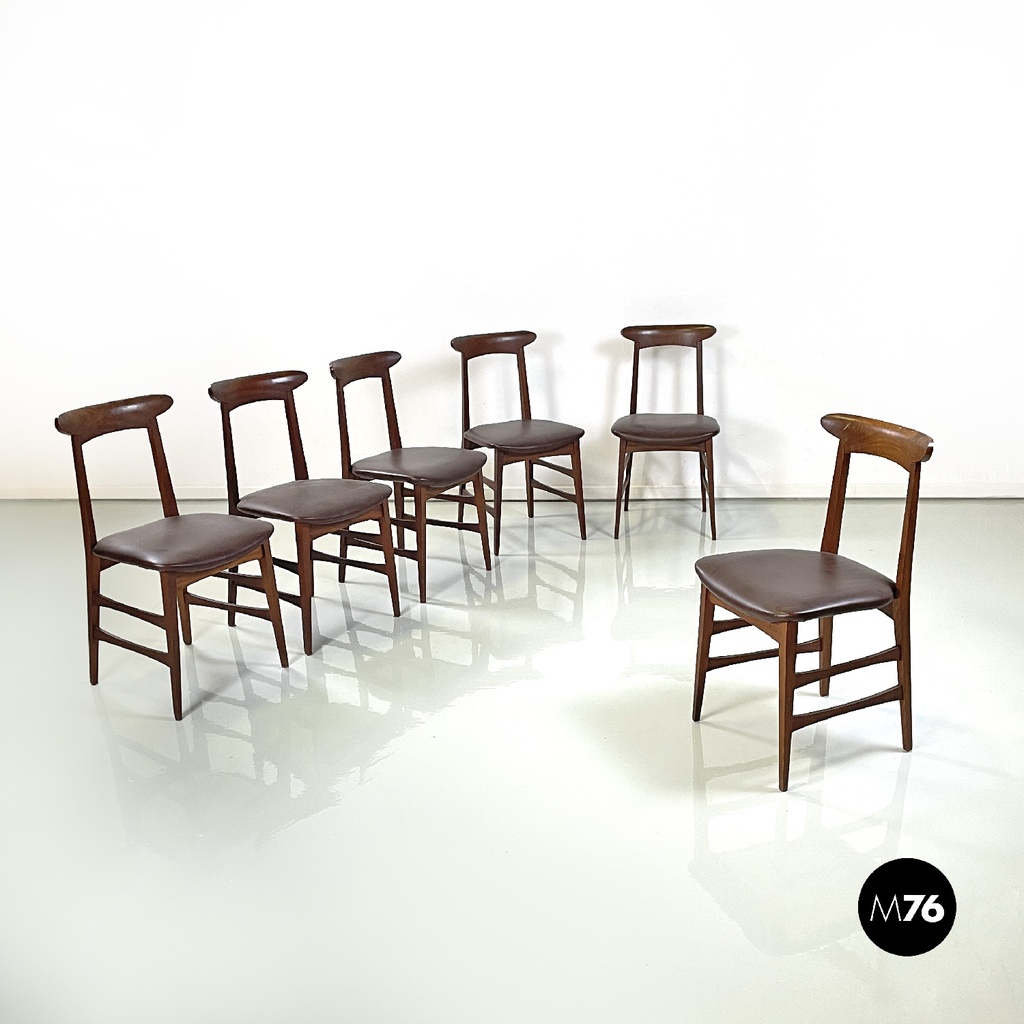 Sedie danesi in legno e pelle marrone, 1950 ca.