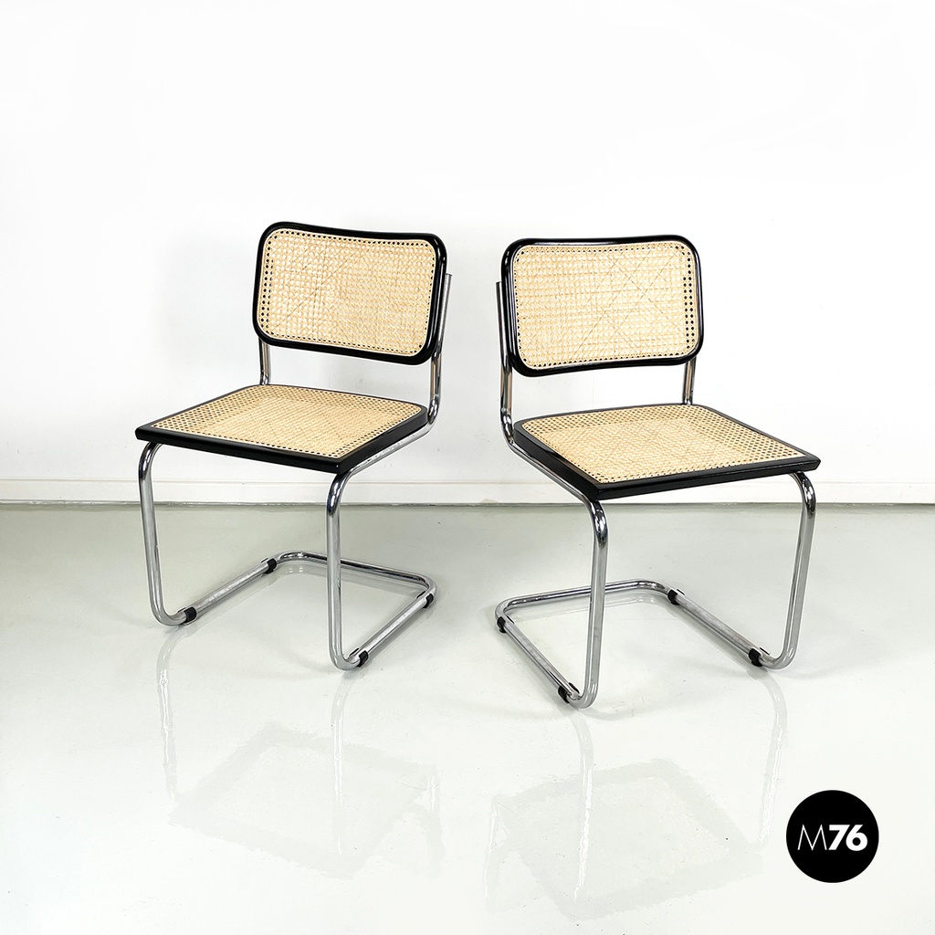 Sedie in paglia, legno nero e acciaio, 1960 ca.