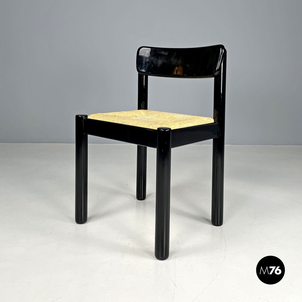 Sedia in paglia e legno laccato nero, 1970 ca.