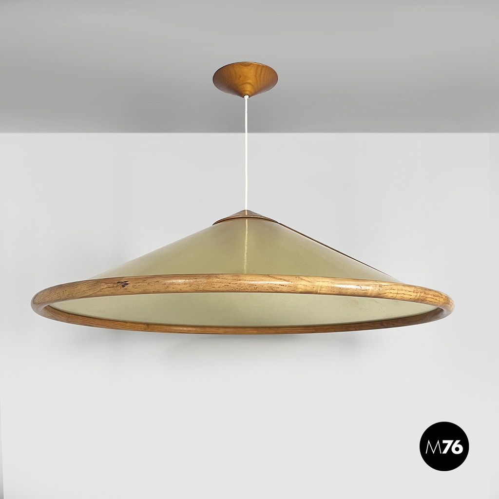 Lampadario in vetroresina verde e legno, 1980 ca.