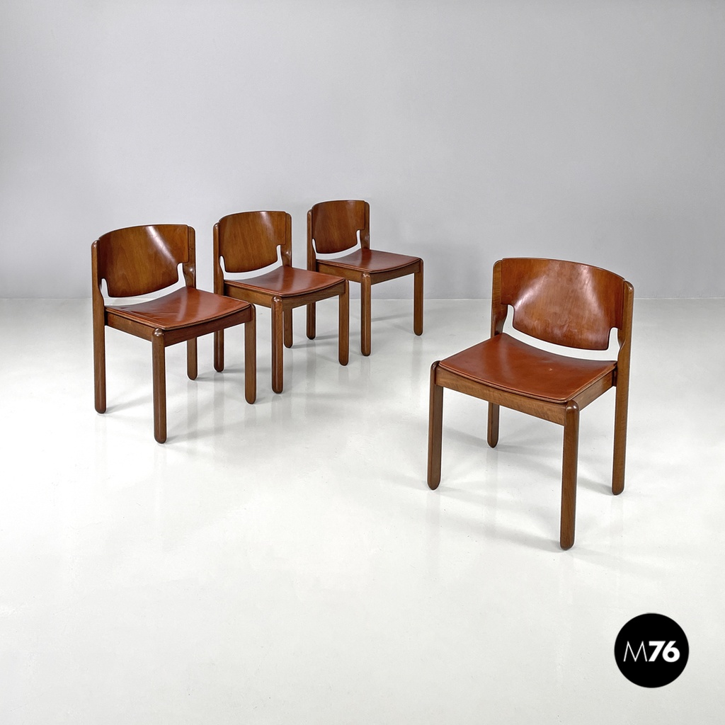 Sedie 122 di Vico Magistretti per Cassina in pelle e legno, 1960 ca.