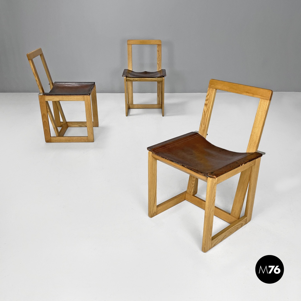 Sedie in legno pelle marrone, 1970 ca.