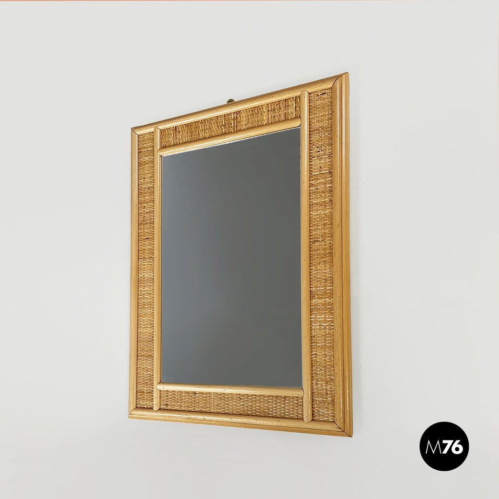 Specchio da parete in rattan e legno, 1960 ca.