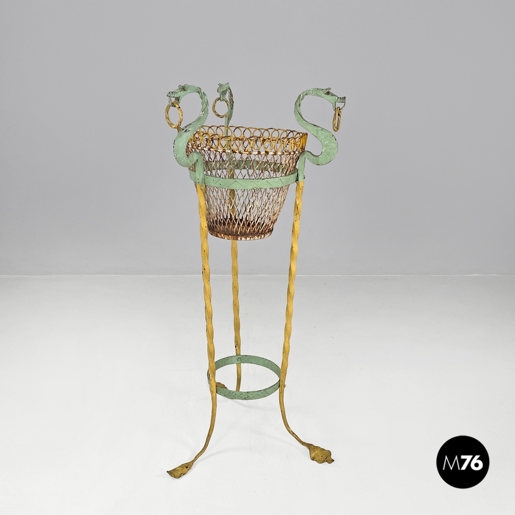 Portavasi in ferro battuto giallo e verde con draghi decorativi, 1900 ca.