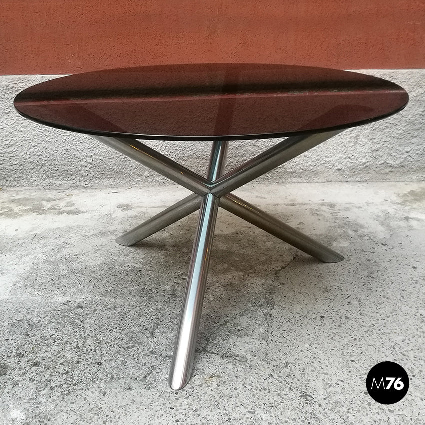  Tavolo da pranzo con vetro fumè e acciaio, 1970 ca.