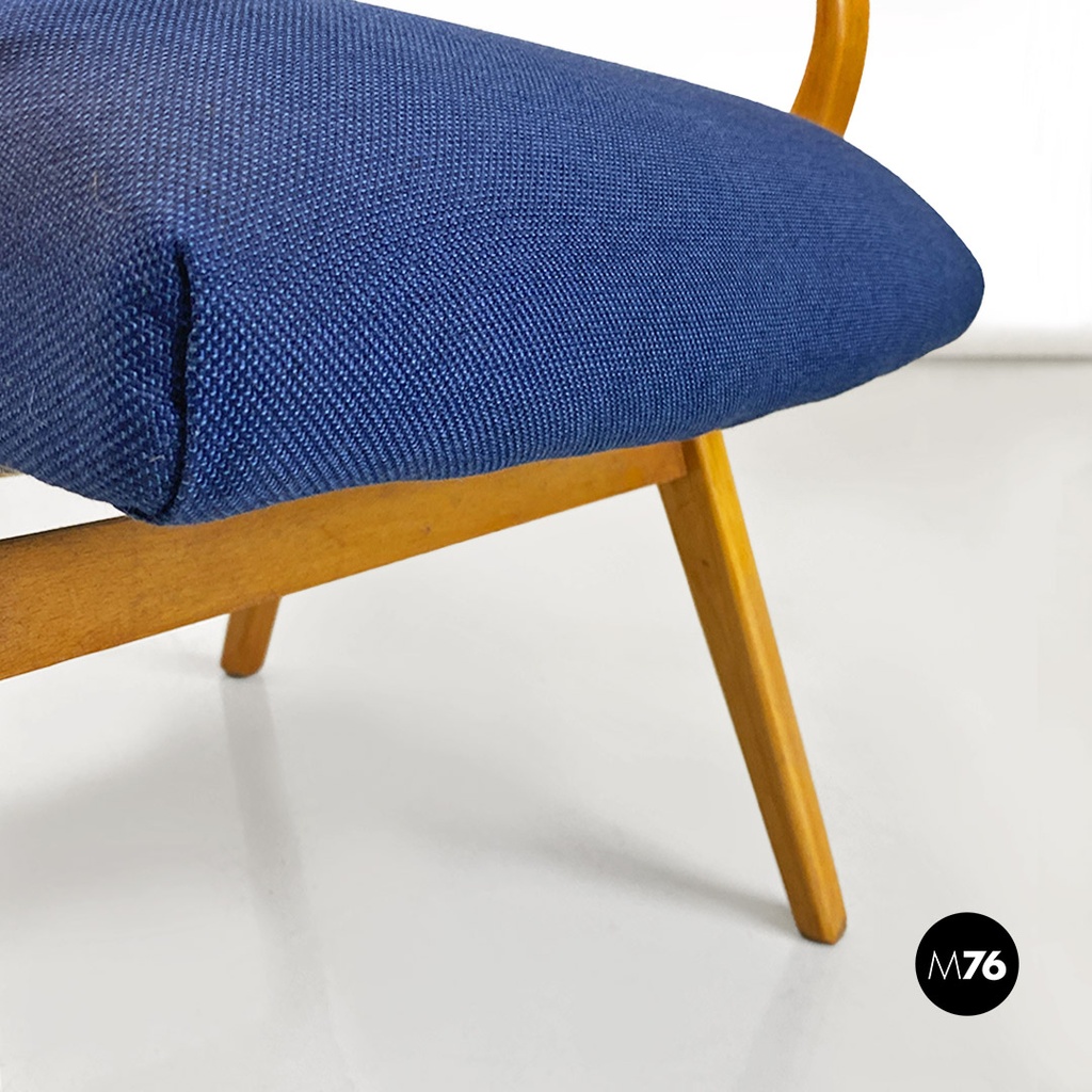 Poltrona in tessuto blue e legno, 1960 ca.