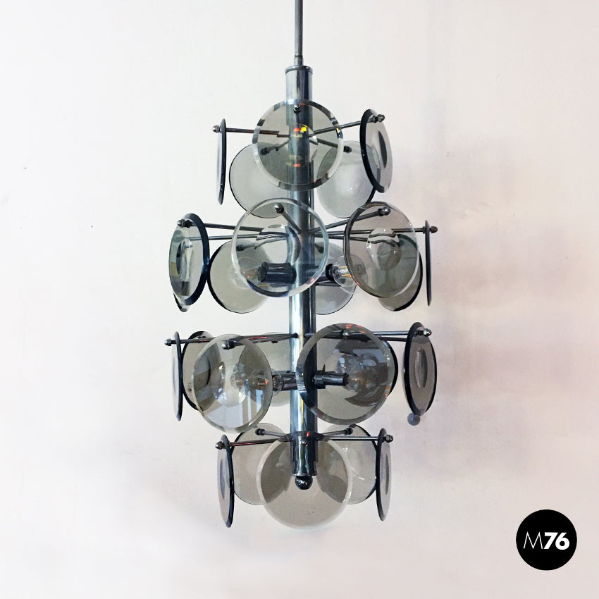 Lampadario a otto luci in cristallo e acciaio, 1970 ca.