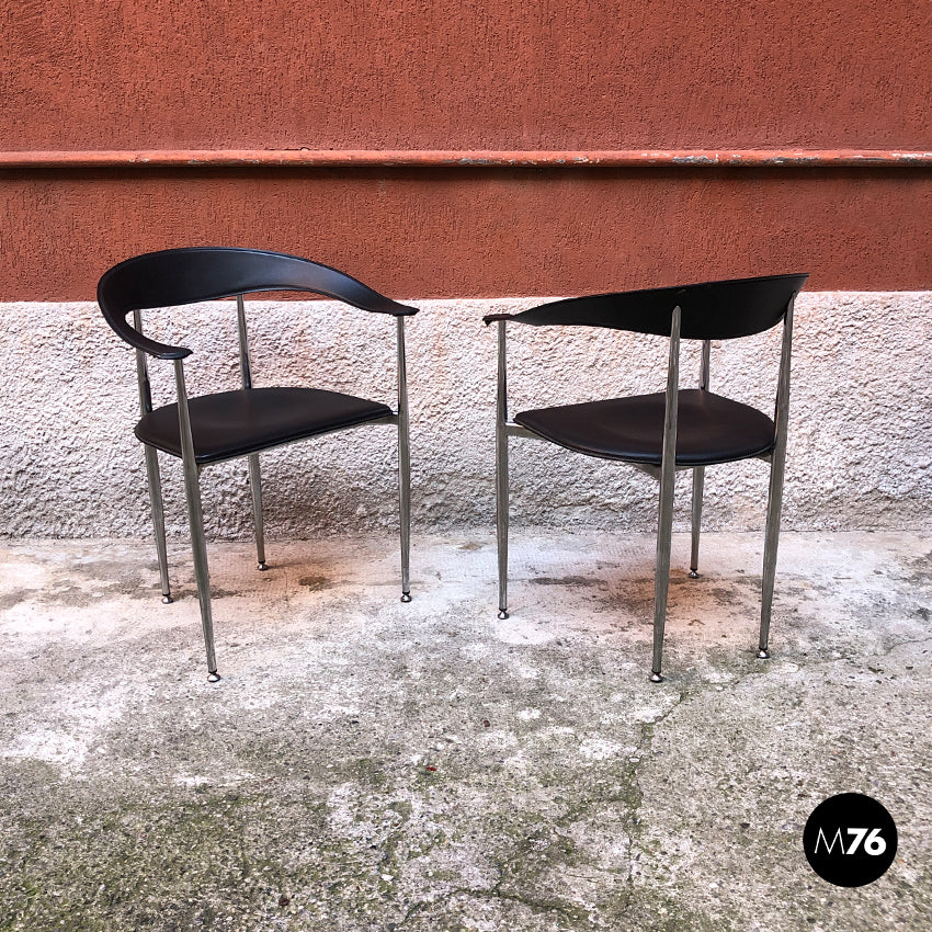 Sedie in acciaio e pelle nere, 1970 ca.