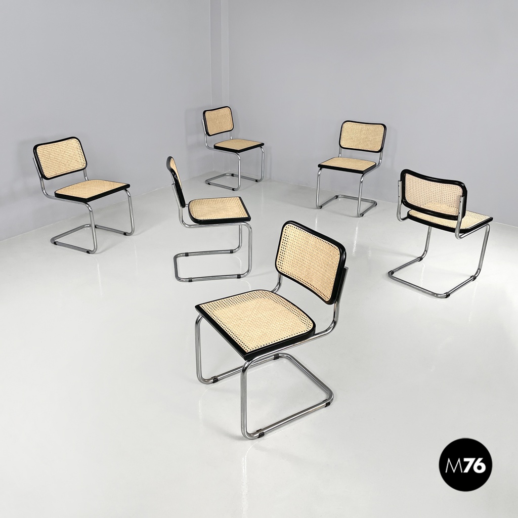 Sedie in legno nero e paglia di Vienna, 1970 ca.