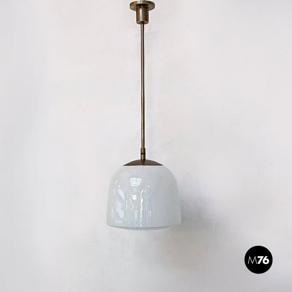 Lampadario in vetro opalino e acciaio, 1970 ca.