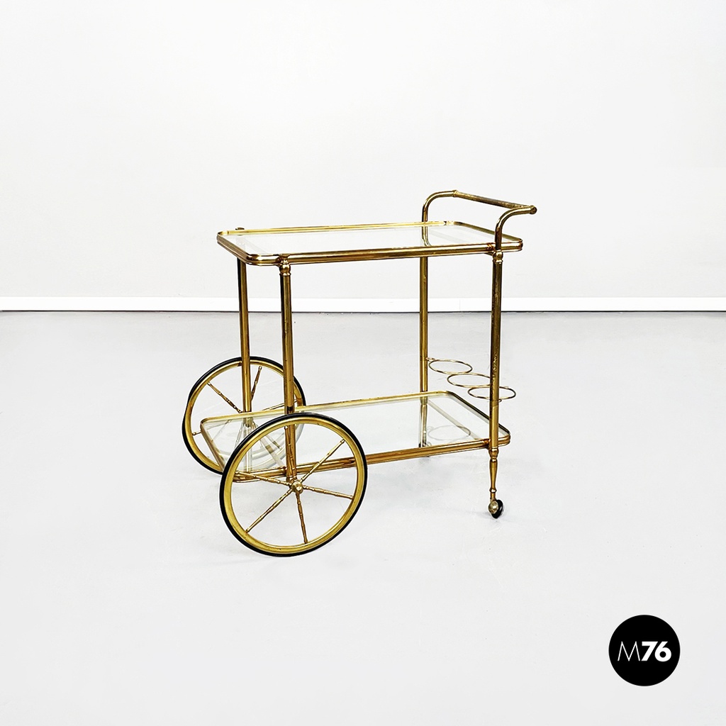 Carrello portavivande in ottone e vetro, 1950 ca.