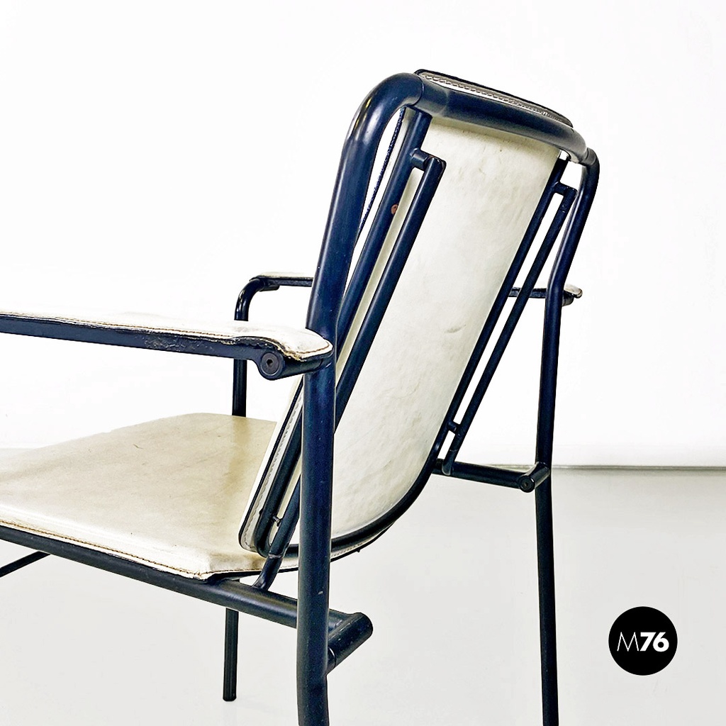 Sedia pieghevole in pelle bianca e metallo nero, 1980 ca.