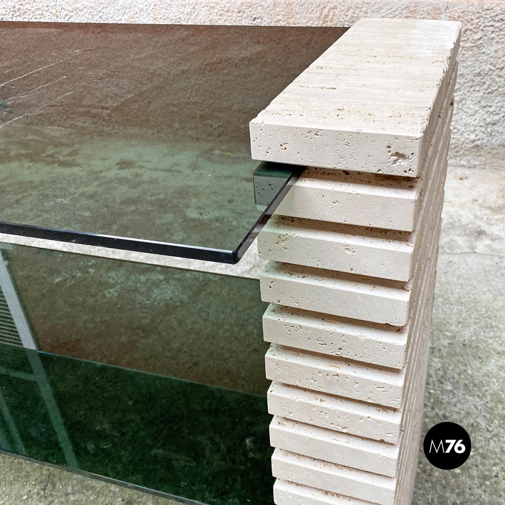 Consolle in travertino e vetro fume, 1970 ca.