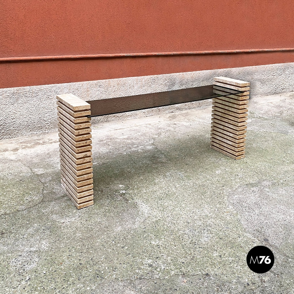 Consolle in travertino e vetro fumè, 1970 ca.