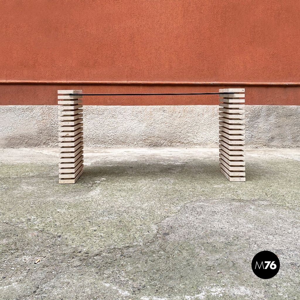 Consolle in travertino e vetro fumè, 1970 ca.