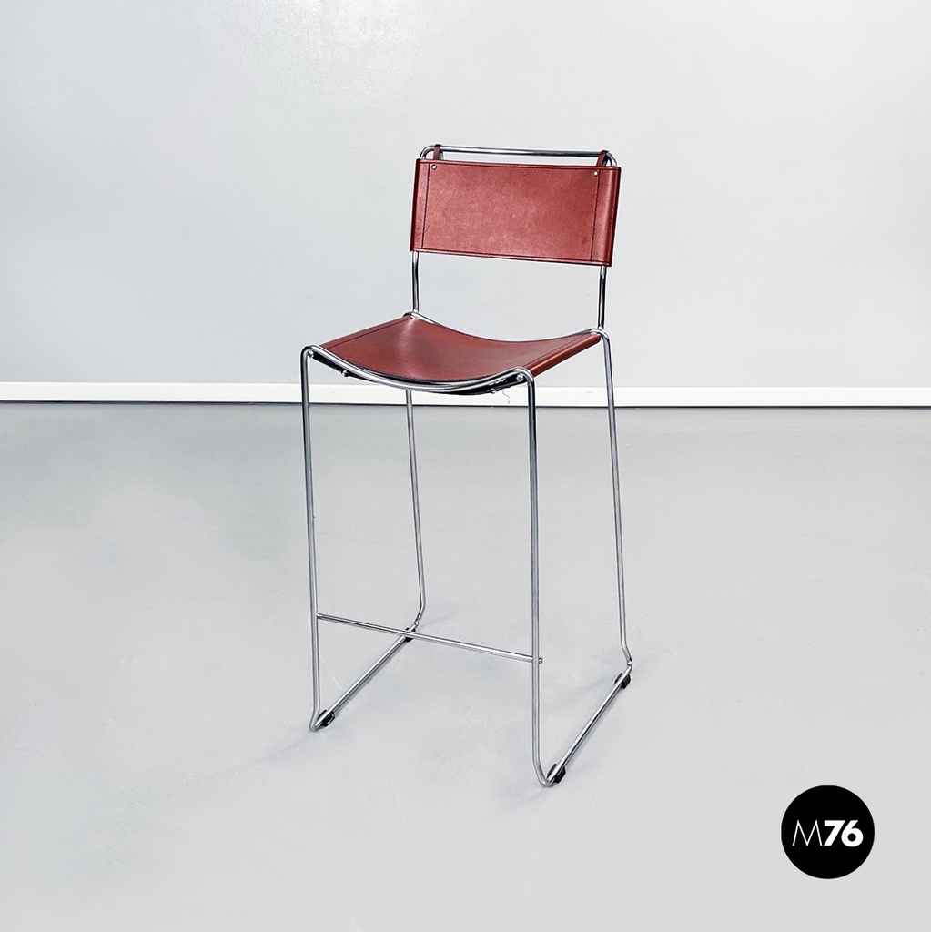 Sgabello in pelle marrone e acciaio, 1980 ca.