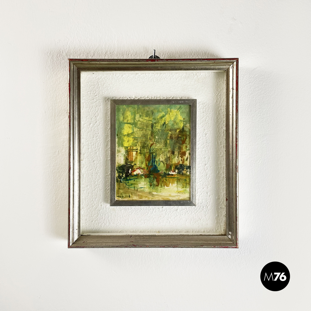 Quadro a tecnica mista con cornice argentata, 1970 ca.