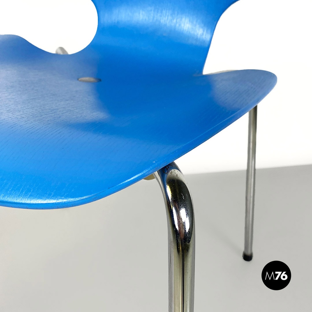 Sedia in legno curvato azzurro e acciaio, 1960 ca.