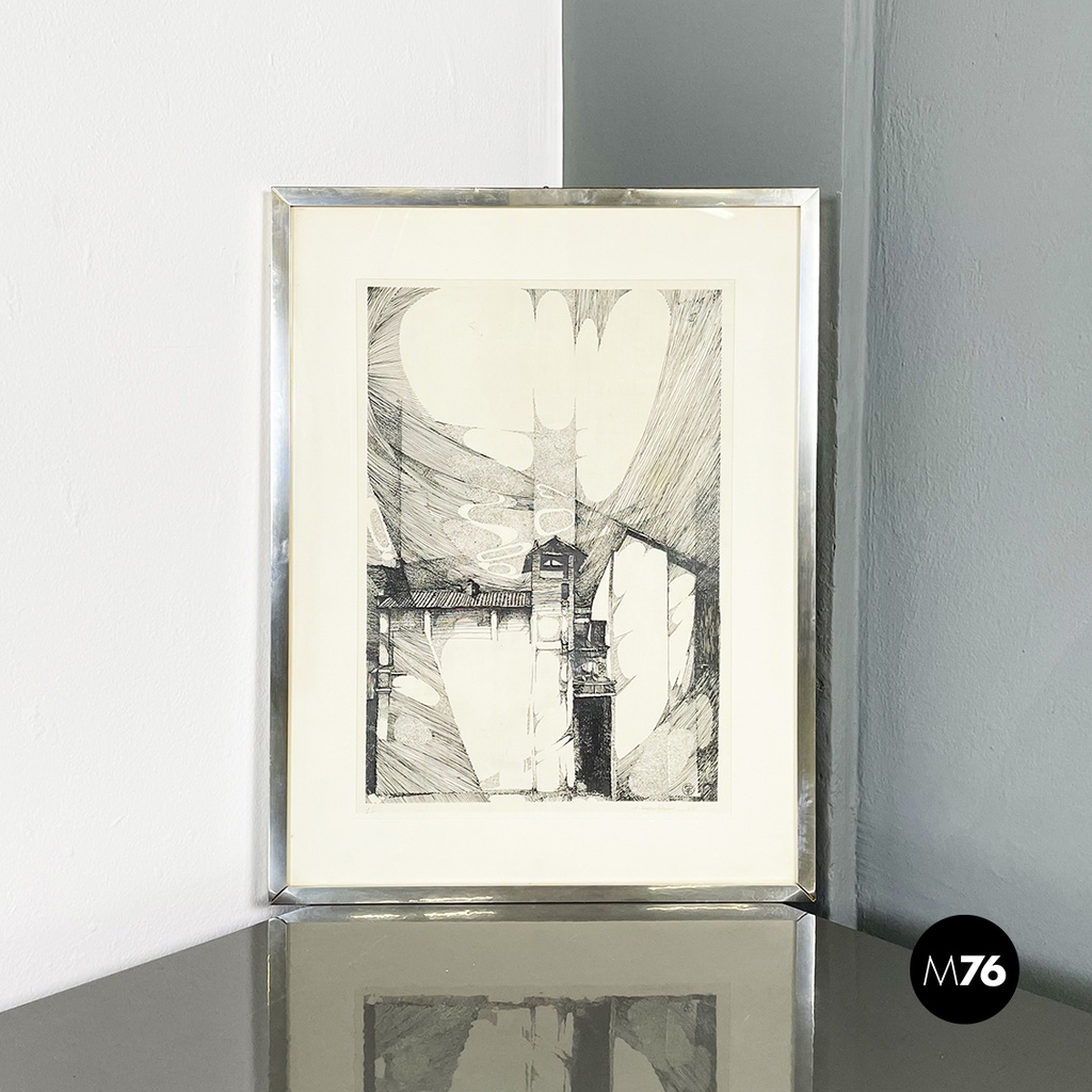 Stampa ad incisione su carta di un edificio, 1965