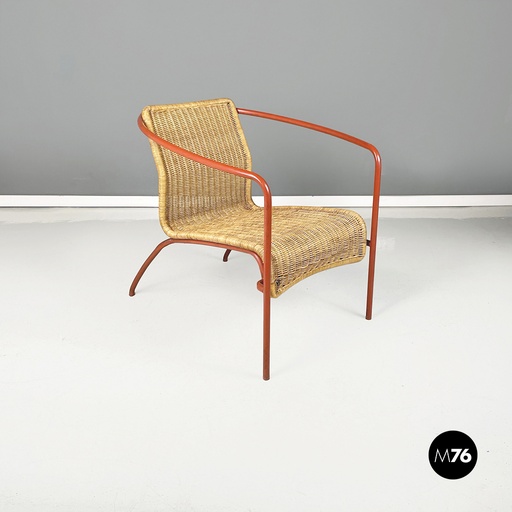 [2320003477] Poltrona in rattan e metallo arancione, 1980 ca.