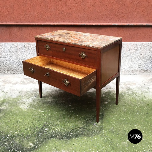 [2220001265] Cassettiera in legno, marmo e ottone, 1900 ca.