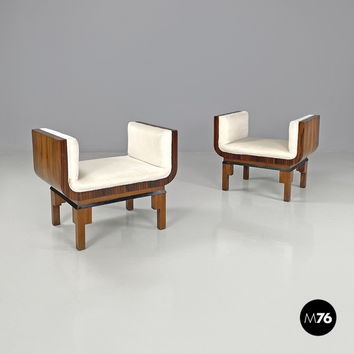 [2420004868] Pouf in velluto color crema e legno, 1930 ca.