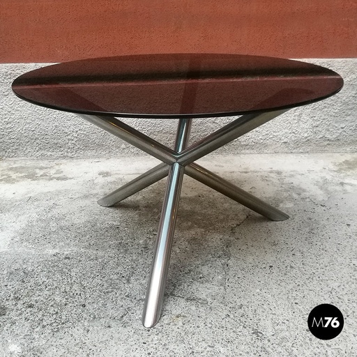 [2220001431]  Tavolo da pranzo con vetro fumè e acciaio, 1970 ca.