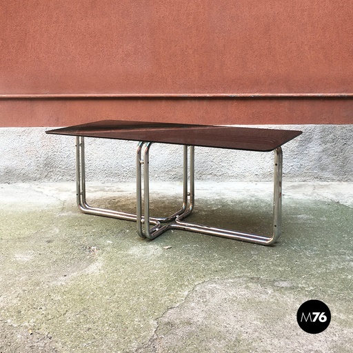 [2220001526] Tavolo da pranzo in vetro fumè e acciaio, 1970 ca.