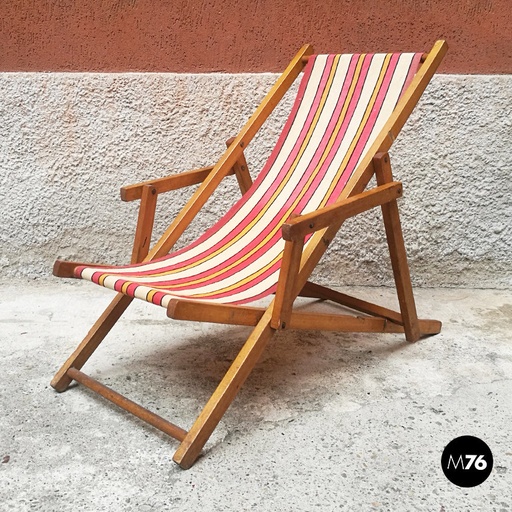 [2220001562] Sdraio da bambino in tessuto a riche e legno, 1950 ca.
