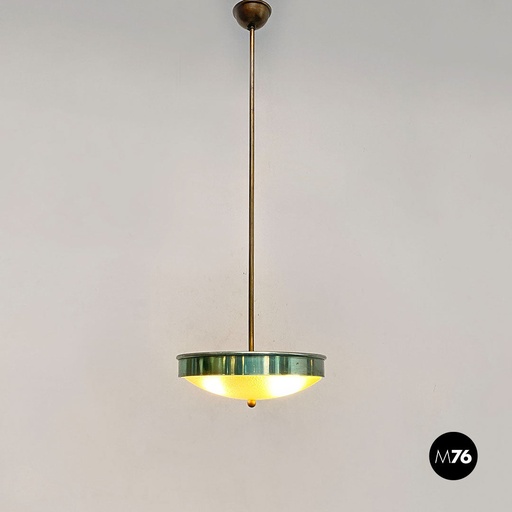 [2220000938] Lampadario in metallo verde, vetro e ottone, 1950 ca.
