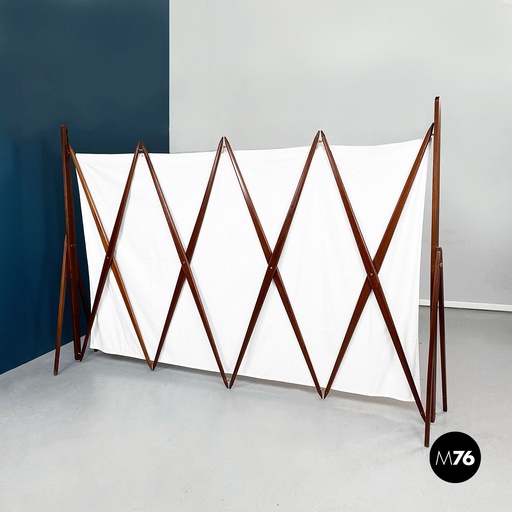 [2220002189] Paravento in tessuto e legno, 1950 ca.