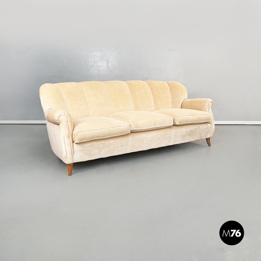 [2220002344] Divano in tessuto beige e legno, 1960 ca.