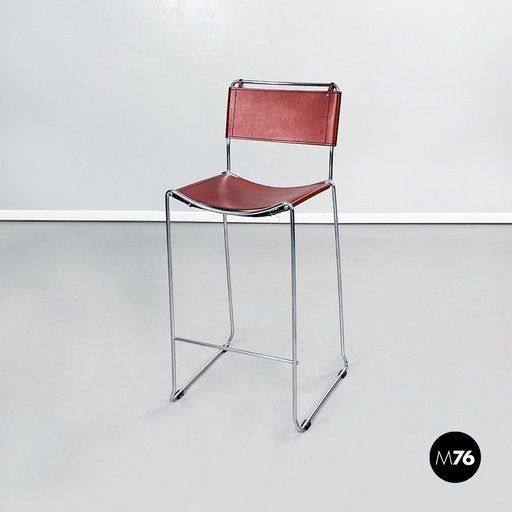 [2220002356] Sgabello in pelle marrone e acciaio, 1980 ca.