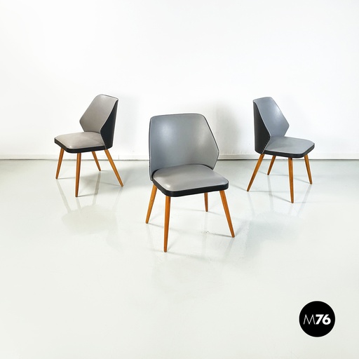 [2220003204] Sedie in pelle nera e grigia e legno, 1980 ca.