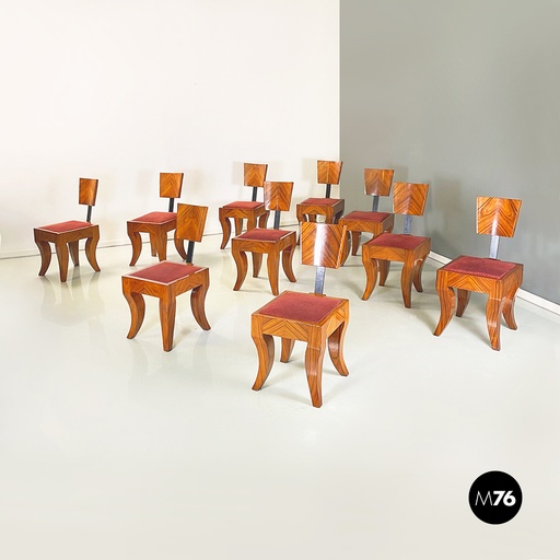 [2320003490] Sedie Art Deco in legno massello e tessuto rosso, 1920-1930 ca.