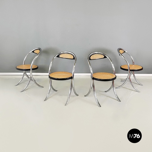 [2320003851] Sedie in paglia, acciaio e legno nero, 1970 ca.