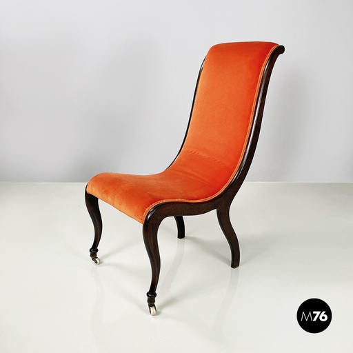 [2420004693] Sedia in velluto arancio e legno scuro, 1950 ca.