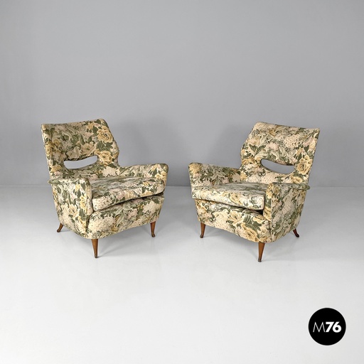 [2420004799] Poltrone con tessuto floreale giallo e verde, 1960 ca.