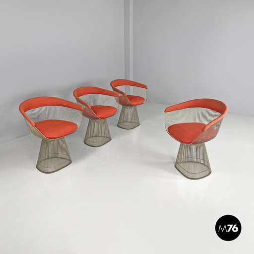 [2420004862] Sedie di Warren Platner per Knoll in metallo e tessuto rosso, 1970 ca.