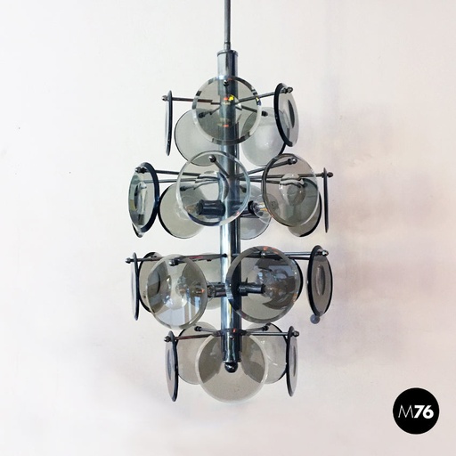 [2220001594] Lampadario a otto luci in cristallo e acciaio, 1970 ca.