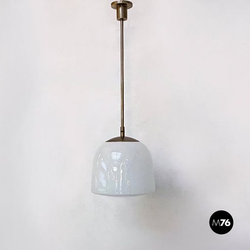 [2220001708] Lampadario in vetro opalino e acciaio, 1970 ca.