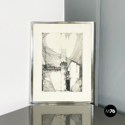 [2220003173] Stampa ad incisione su carta di un edificio, 1965